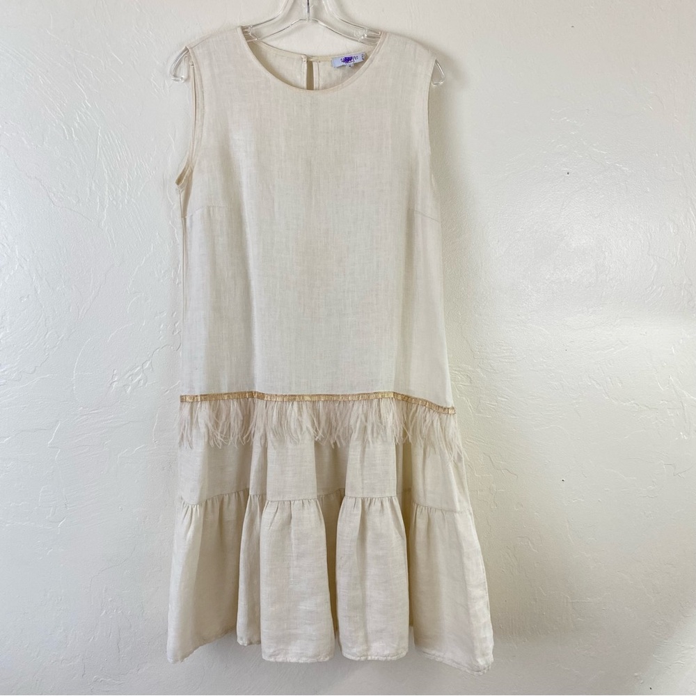 Allegra Masetti Firenze Size Small Ivory Cream Feathered Tiered Hem Midi Dress